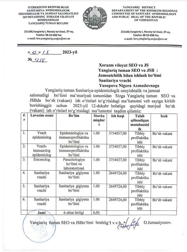 Xorazm viloyati Sanitariya-epidemiologik osoyishtalik va jamoat salomatligi boshqarmasi Yangiariq bo'limi 12.12.2023 yil holatiga ko'ra bo'sh ishlar ro'yxati