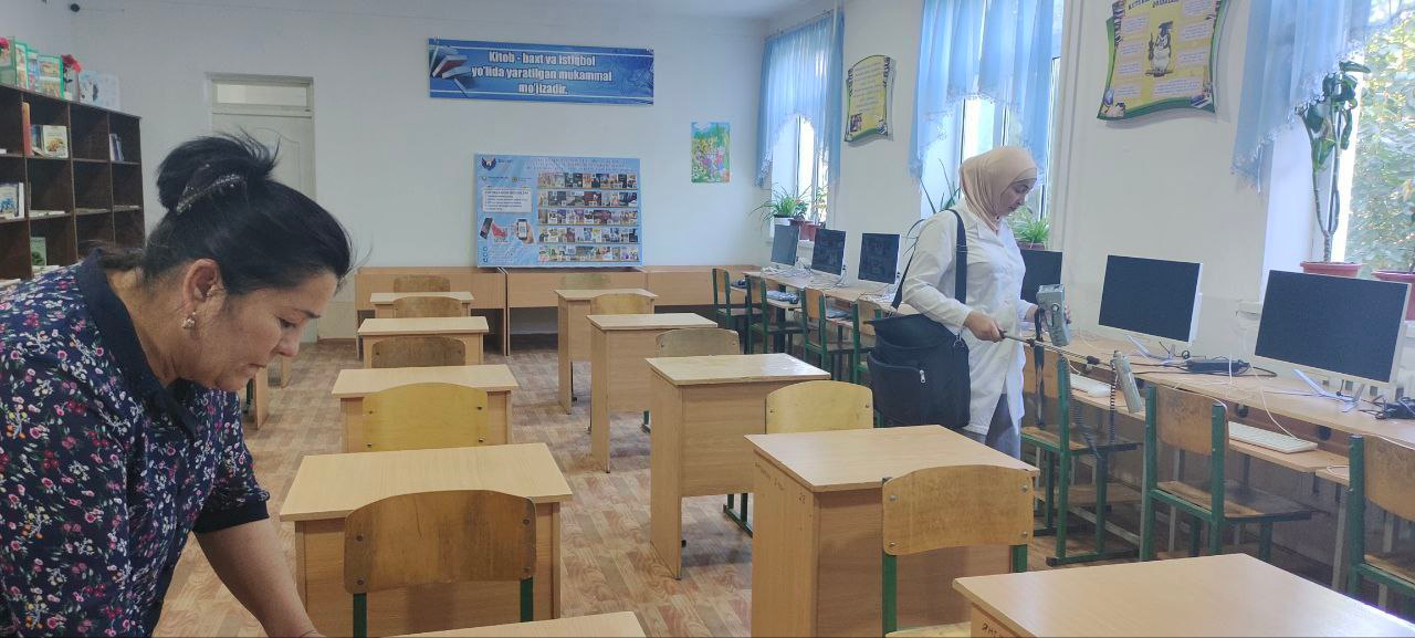 Янгиарик туман Таган махалласида жойлашган Иктидор болалар езги оромгохида туман СЭО ва ЖСБ ходимлари томонидан дезинфекция тадбирлари, дозиметрик улчовлар утказилди.