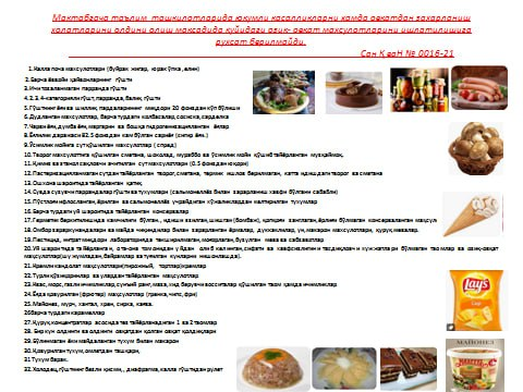 Ёш авлодни соғлом  тарбиялаш ,турли юқумли касалликлар,ҳамда овқатдан захарланиш  холатларини олдини олиш мақсадида ушбу озиқ-овқат маҳсулотларини мактабгача таълим ташкилотларида берилишига рухсат этилмайди.