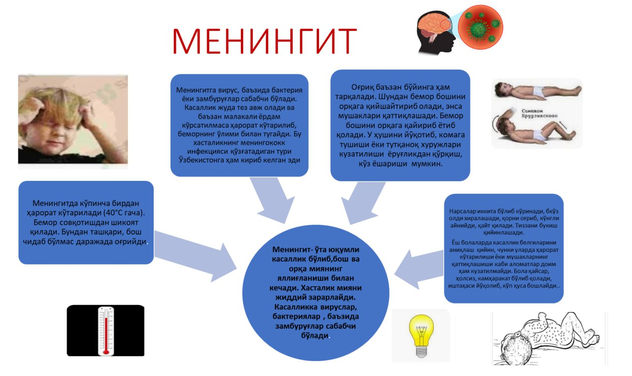 Менингит – ўта юқумли касаллик бўлиб, бош ва орқа миянинг яллиғланиши билан кечади.