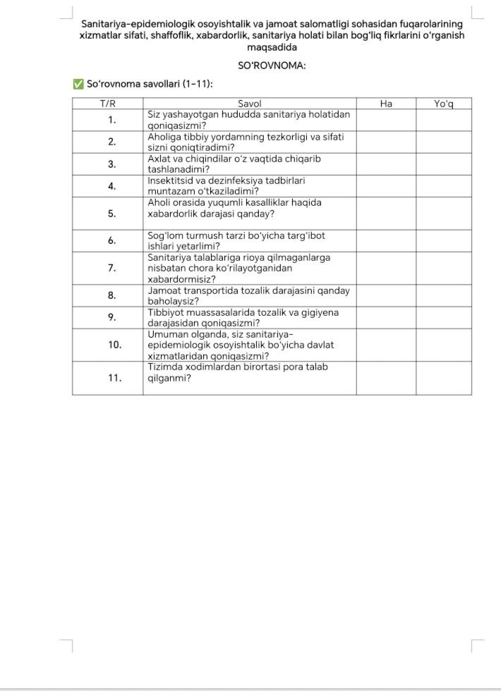 Hurmatli fuqarolar so`rovnomada faol qatnashib tizim faoliyatiga munosib baxo berishingiz so`raymiz.